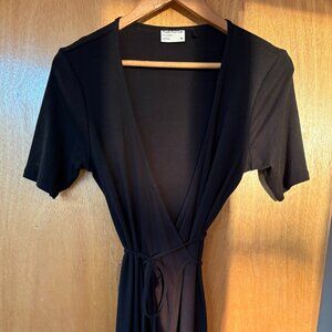 Frank And Oak Black Cotton Wrap Dress Short Sleeve Midi Size M